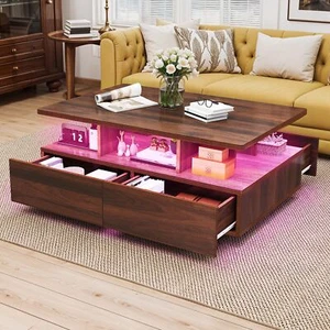 High Glossy Coffee Table Cocktail Table w/ LED Lights Storage Drawer Living Room - Picture 1 of 10
