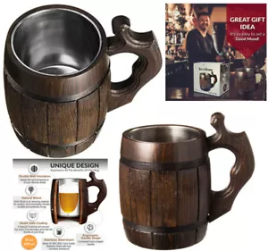 Wooden Beer Mug Handmade Oak Wood Stainless Steel Cup Beer Stein Gifts Christmas - Picture 1 of 9