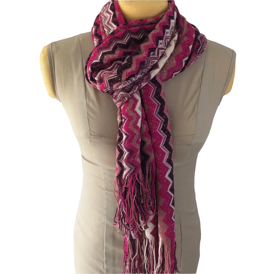 Bufanda de diseñador Missoni firma Chevron oro fibra metálica flecos rosa/púrpura Foto 1 de 4