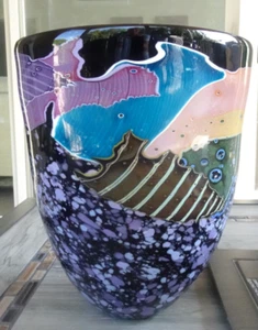 Große signierte 1986 Peter Ridabock Studio Kunst Glas abstrakte Vase 9" x 8,25" breit - Bild 1 von 14