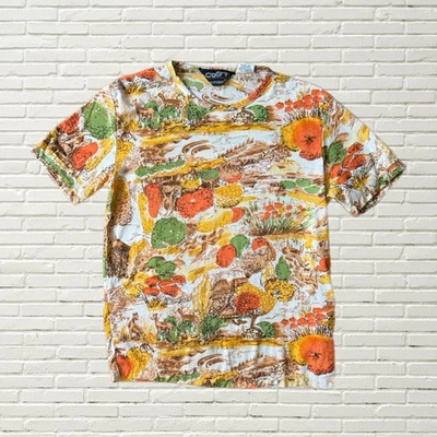 Camiseta Vintage Años 70 Estampado Novedad Naturaleza Árbol Ciervo Animal Estampado Talla M Hippie Foto 1 de 4