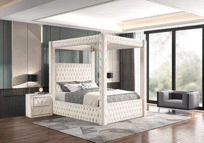 3pc Glam Queen Canopy Bed Nightstands Set Rich Ivory Velvet Fabric Upholstery - Image 1 of 4