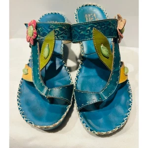L’artiste Spring Step Astra Sandals Womens Size 37 Leather Blue Slide floral - Picture 1 of 11