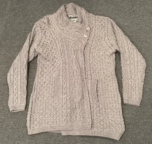 Vintage Aran Crafts Merino Wool Long Cardigan Sweater L Flared Ireland Fisherman - Picture 1 of 7