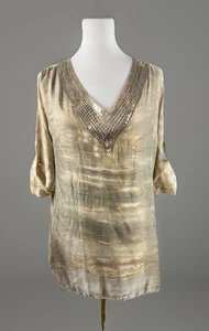 Belle France Women's Top  Sz Small V-Neck Comfort Fit Sequined Silk Blend NWT - Picture 1 of 11