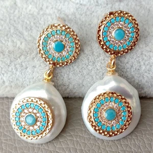 Cultured White Coin Pearl Blue Cz pave Stud Earrings - Picture 1 of 8