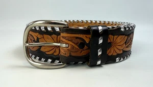 Chambers Verzierter Gürtel Echtleder schwarz braun Gr. 38 Western Blumen handgeschnürt - Bild 1 von 8