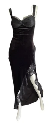 Vtg 90s Sleeveless Sexy Stretch Velvet Lace Dress High Slit Black Gown S/M - Image 1 of 4