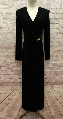 Vestido Joseph Ribkoff EE. UU. 6 Negro Cóctel Noche Vaina Larga Crepé Imitación Envoltura Foto 1 de 4