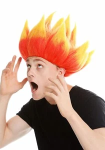 Wig Women Men High-Teased Demon Fire Devil Troll Flower Red Yellow - Picture 1 of 4