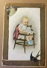 Vintage Postcard Child & Kitten In High Chair Birds Are Embossed
