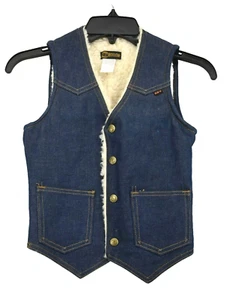 Vintage NOS Key Jeans 1980's Snap Front Sherpa Lined Blue Denim Jean Vest Boy 12 - Picture 1 of 8