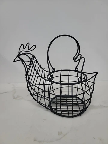 VTG Farmhouse Black Wire Chicken Egg Basket Bin w/ Hinged Handles Kitchen Decor Cover