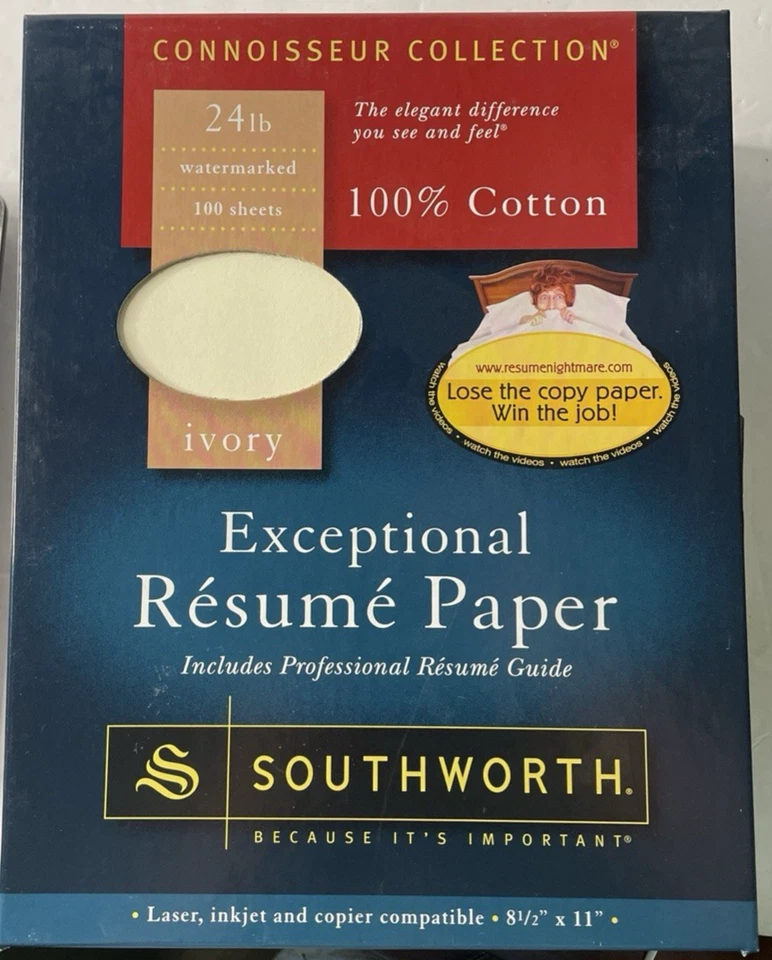 Papel de currículum Southworth 100 % algodón 24 lb marfil 8,5 x 11" tejido ~ 96 hojas R141CF Foto 1 de 1