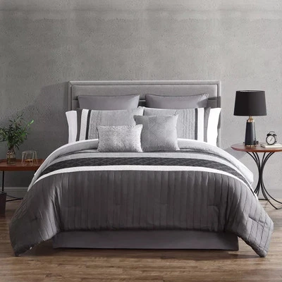 HALLMART COLLECTIBLES 12pc Queen Rossi Embroidered Colorblock Comforter & Sheets Bedding Set - Gray