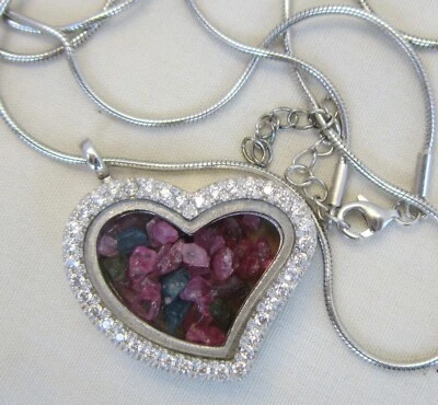 30 英寸 CHAIN 925 纯银 正品 TOURMALINE/LC 钻石心形锁项链 — 第 1/4 张图片