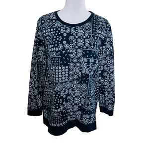 Lands End Serious Sweats Bandana Sweatshirt Sz L Navy French Terry Paisley Soft - Picture 1 of 11