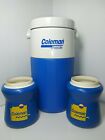 Vintage Coleman PolyLite 1/2 Gallon Blue 5590 Beverage Cooler with 2 Koozies EUC