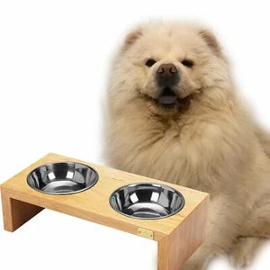 Alimentador de tazón de plata doble para mascotas estación de lujo de madera de cereza grande hecho en EE. UU. - Imagen 1 de 9