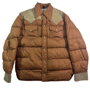 vintage mens caramel Woolrich western down puffer jacket leather pearl snap M - Picture 1 of 13