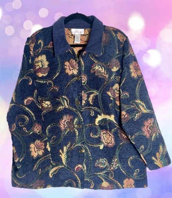 Susan Graver 夹克/夹克,尺寸 2X 海军蓝花卉挂毯 雪尼尔 波西米亚 — 第 1/4 张图片