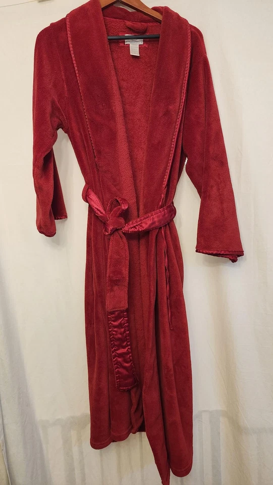 Oscar De La Renta Bata Mujer L/XL Rojo Felpa Vellón Cinturón Albornoz Borde Satinado Foto 1 de 4