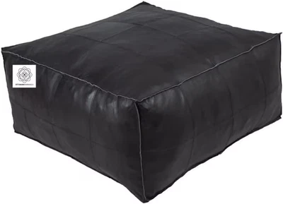 Footstool 30'' Handmade Black Square Moroccan Leather Ottoman Unstuffed - Image 1 of 4