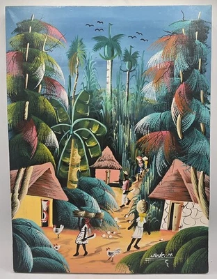 Arte popular haitiano vintage Jude M. siglo XX pintura acrílica sobre lienzo isla  Foto 1 de 4