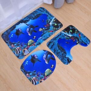  3pcs Flannel Blue Sea Theme Dolphin Shark Bathroom Mat Set Bathroom Carpet