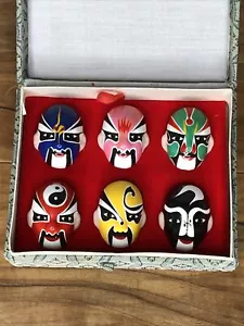 Vintage Chinese Clay Hand Painted 6 Mini Theater Opera Masks In Decorative Box - Picture 1 of 4