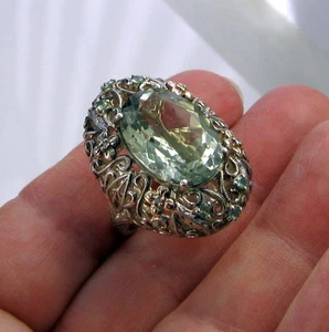 Estate HUGE Weinman Sterling Silver 14k Gold Green Amethyst Diamond Flower Ring - Picture 1 of 7