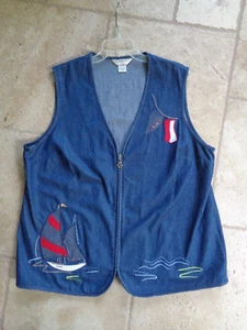 Allison Daley 100% Cotton Sz 18W Nautical Light Weight Denim Jean Vest Sail Boat - Picture 1 of 13