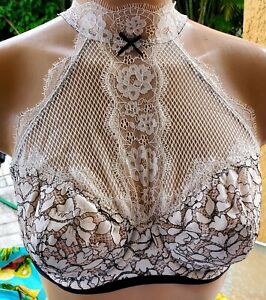 Victorias Secret bra 34D unlined high neck necklace Victorian ruffle black satin