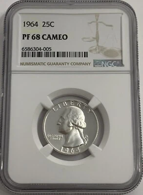 1964 NGC PF68 Cameo 90% Silver Proof Washington Quarter 25C White Label - Image 1 of 3