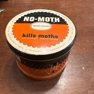 Vintage Reefer-Galler No Moth Tin Empty Orange Black & White 4 1/4" Round (148) - Picture 1 of 12