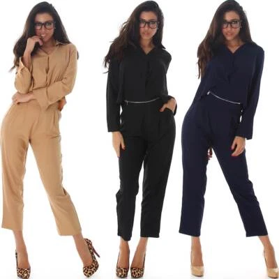 Damen Overall Zweiteiler Blusen-Pullover + High-Waist Hose Set S M L 36 38 40 - Bild 1 von 2