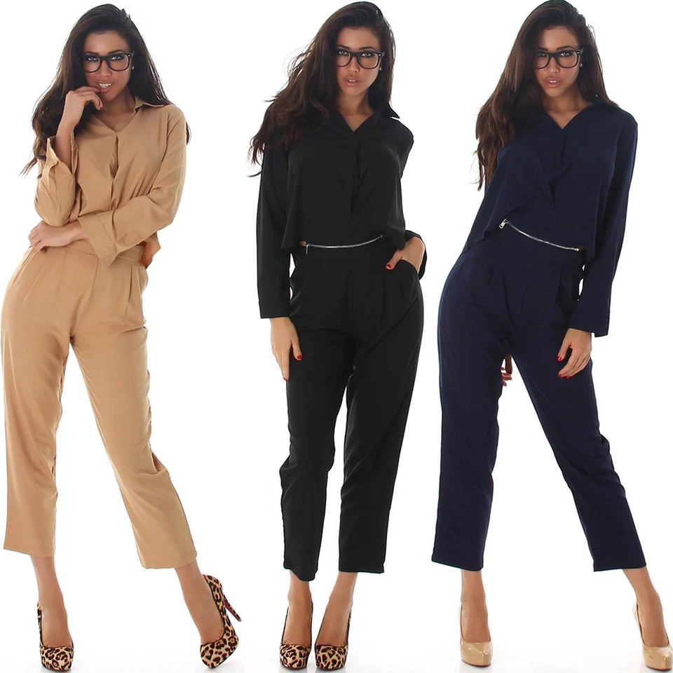 Damen Overall Zweiteiler Blusen-Pullover + High-Waist Hose Set S M L 36 38 40 - Bild 1 von 2