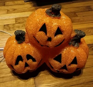 Vintage Orange Melted Plastic Popcorn Jack-O-Lantern Light Up Pumpkin Trio - Picture 1 of 6