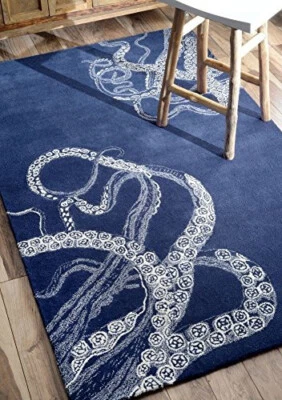 Alfombras y alfombras PB azul pulpo hechas a mano 100 % lana acolchadas Foto 1 de 3