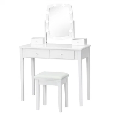 Vanity Table Set with Lighted Mirror Adjustable 10 Bulbs Dresser 4 Drawer White - Image 1 of 4