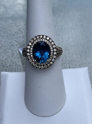 Anillo Levian $4350 Oro Rosa 14K Topacio Azul Marino Profundo Chocolate Diamante Halo Talla 7 Foto 1 de 4