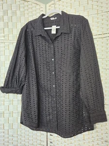 NEW! Womens GAP Button-Up Black Eyelet Easy Shirt Long Sleeve Beach Summer XXL - Picture 1 of 4