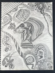 "Boceto de 14x11"" formas de dados de caballero dibujo artístico original de colección de los años 70" - Imagen 1 de 10