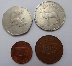  MIX LOT 4 Eire Coins Ireland Penny 1P 2000  2P 1980 50P 1988 1F 1990 - Picture 1 of 2