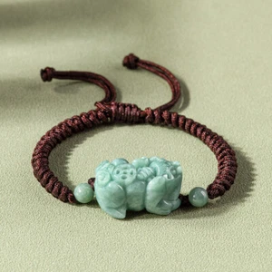 Burmese Jade Pixiu Beaded Woven Bracelet Jadeite Women Natural Gemstone Green - Picture 1 of 7