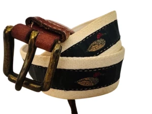 Vintage Belt 32 Mallard Wood Duck Hunting Leather & Canvas Embroidered Medium - Picture 1 of 12