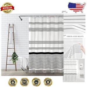Romantic Farmhouse Boho Shower Curtain with Tassels - 84"L x 72"W for Bathroom - Picture 1 of 9