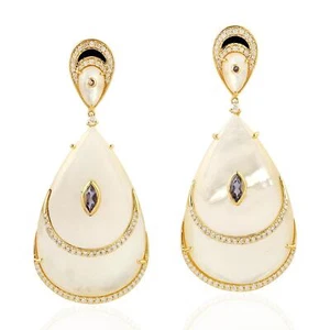 48.38ct Mother Of Pearl Iolite Dangle Earrings 18K Yellow Gold - Picture 1 of 5