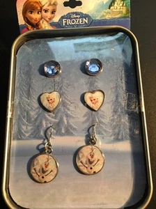 Disney Frozen Earring Set With A Reusable Tin Box Light Blue 3 Pairs - Picture 1 of 10