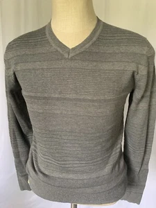 ALFANI Mens Cotton/Viscose V-neck Sweater Grey Stripe, Small - Picture 1 of 9